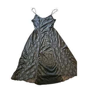 Vintage nylon lace panel maxi slip dress black medium lingerie vanity Whimsigoth